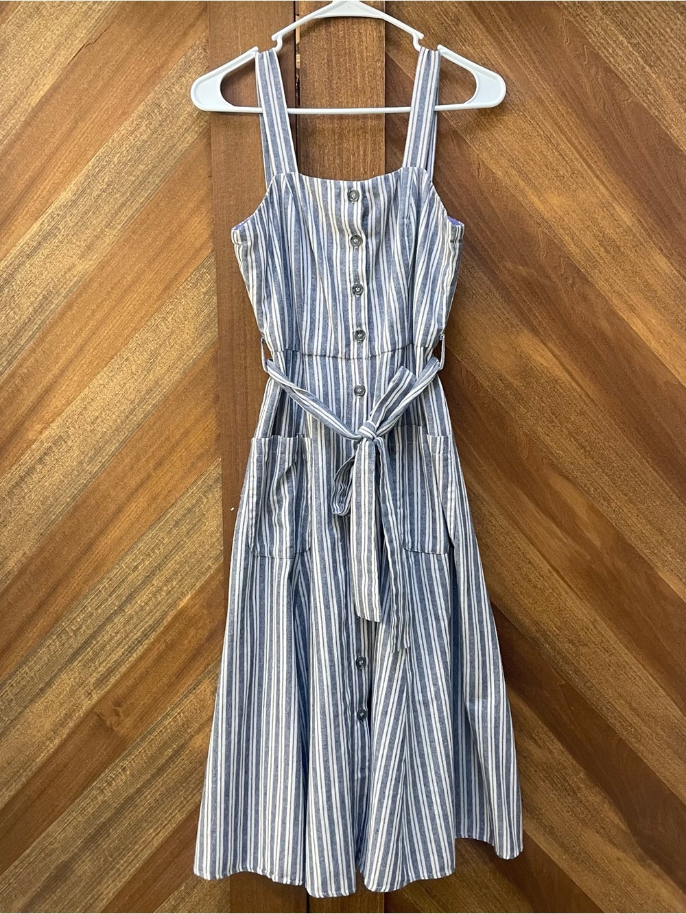 Striped Chambray Button-Front Sundress with Waist Tie